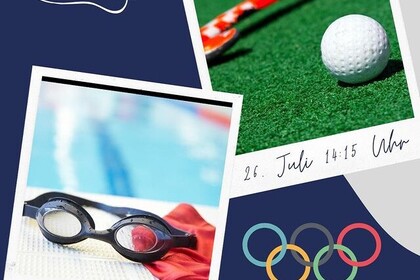 Links ist eine Taucherbrille abgebildet mit der Unterschrift: "26. Juli 13:26 Uhr". Rechts ist ein Golfball abgebildet mit der Unterschrift: "26. Juli 14:15 Uhr". Unten rechts ist das Logo der Olympiade abgebildet.