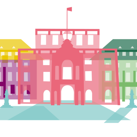 Schloss Mannheim ist als Zeichnung in Regenbogenfarben abgebildet.