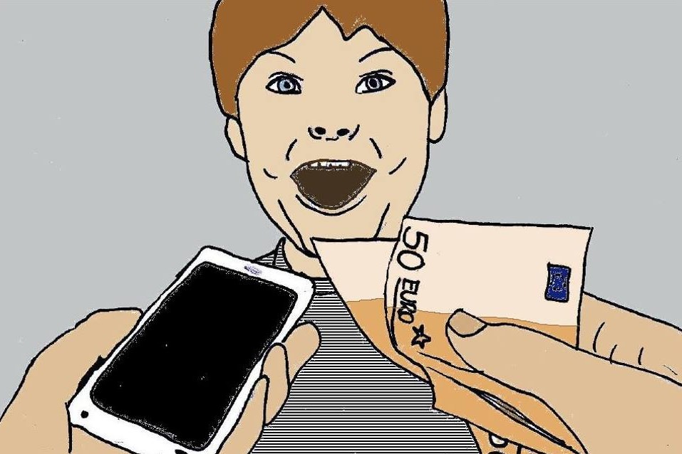 Eine Grafik mit einem Jungen, der den Mund geöffnet hat. Eine Hand mit einem Smartphone und eine Hand mit zwei 50-Euro-Scheinen werden ihm entgegengestreckt.