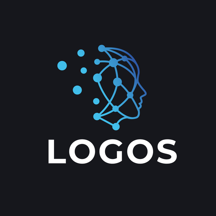 Logo of the LOGOS initiative - dots connected to a network that forms the profile of a human head, blue on black background.
