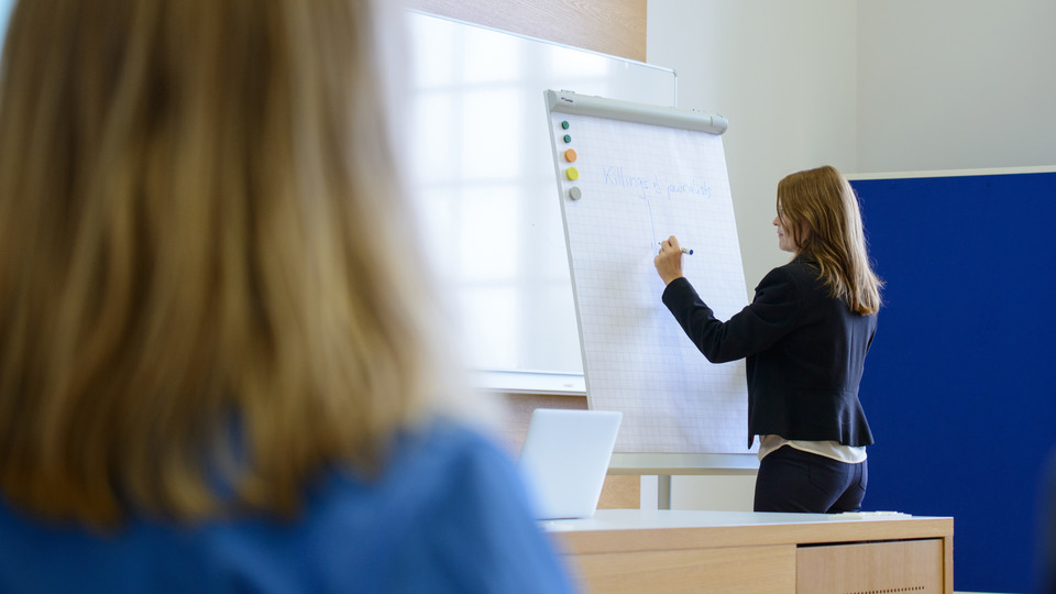 Frau zeichnet auf einem Flipchart, eine andere Person schaut zu.