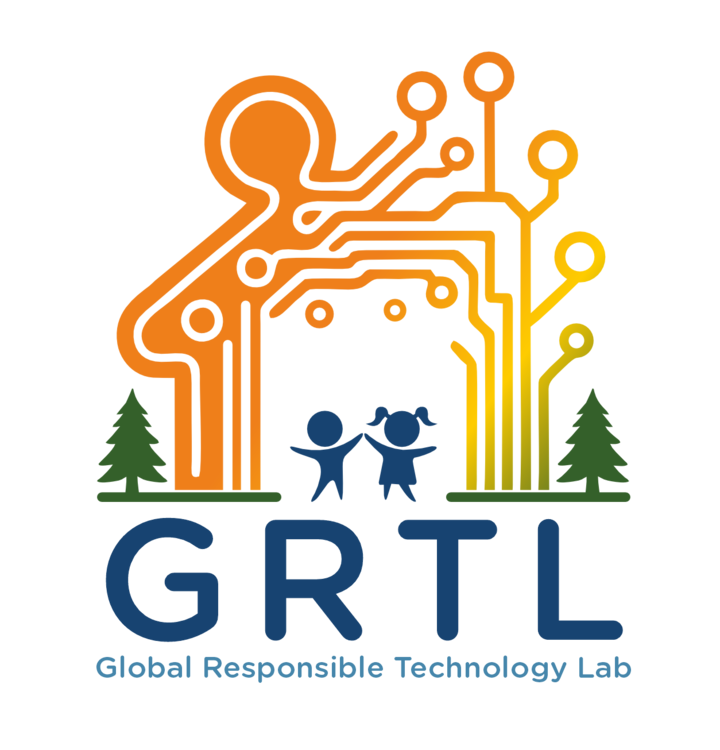 Logo of the GRTL Lab, two children in front of a background that combines a gingerbread house and a platine