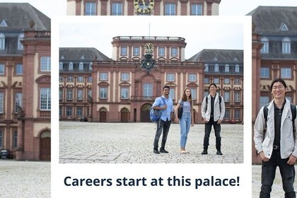 In der Mitte steht: "Karrieren starten in diesem Schloss". Unten steht: "Bewerbungsphase für unsere Masterstudiengänge. 15. März bis 31. Mai". Im Hintergrund sind Studierende, die vor dem Mittelbau der Universität Mannheim stehen.