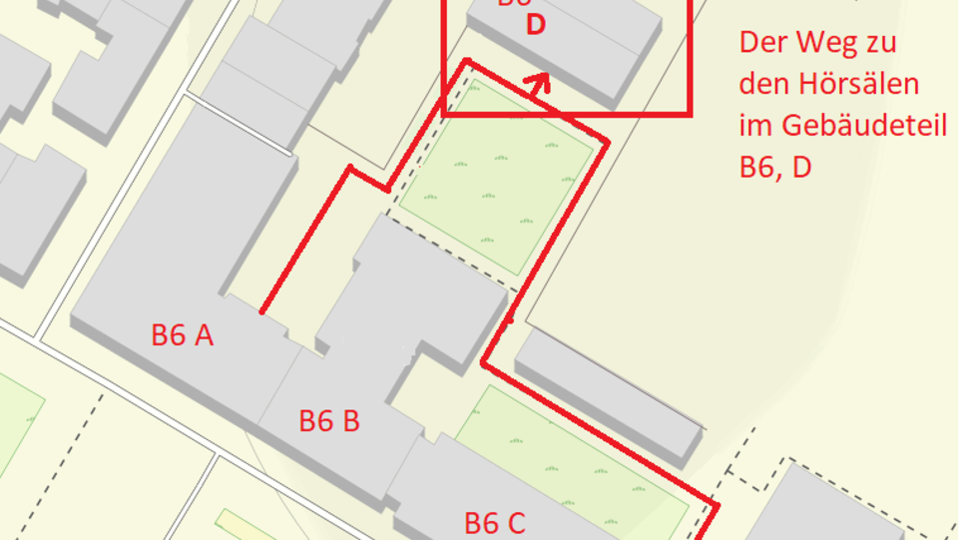 Ein Gebäudeplan mit Wegbeschreibung zu B6, gelber Untergrund, graue Gebäude und rote Wegkennzeichnung