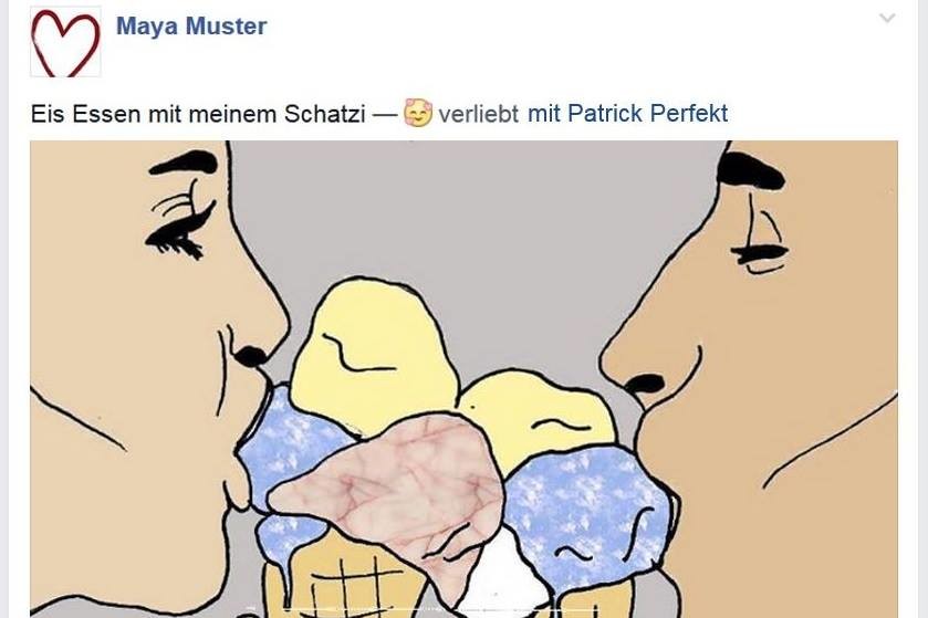 Ein Facebook-Post einer Frau mit Grafik, auf der zwei Gesichter im Seitenprofil sich gegenüber stehen und jeweils drei Kugeln Eis in der Waffel genüsslich essen. Darüber steht der Satz "Eis Essen mit meinem Schatzi" und ein Mann wurde verlinkt.