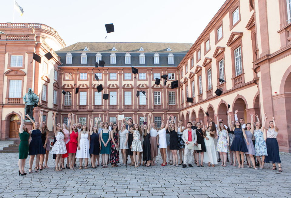 Mehrere Studierende stehen vor dem Mannheimer Schloss und werfen Absolventenhüte in die Luft. 