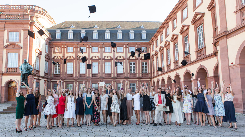 Mehrere Studierende stehen vor dem Mannheimer Schloss und werfen Absolventenhüte in die Luft. 