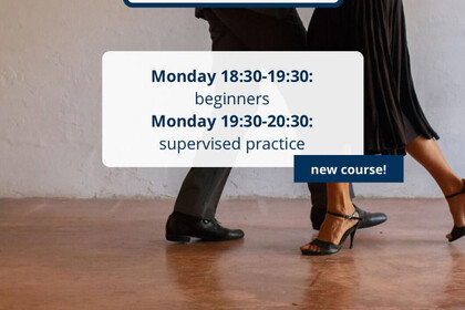 A couple dancing and course advertisement about our Forro Dance course