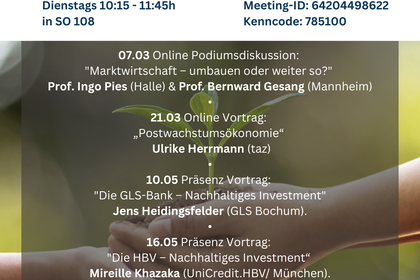 Infografik zu universitären Gastvorträgen in der "Wirtschaftsethik" Vorlesung Dienstags 10:15 - 11:45h in SO 108. Marktwirtschaft Quo Vadis?