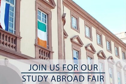 In der Mitte steht "Join us for our Study Abroad Fair" und im Hintergrund ist die Universität Mannheim zu sehen.