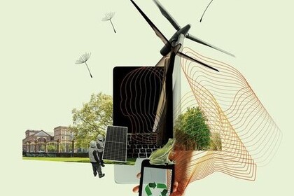 Foto- und Zeichencollage: Schlossflügel, Person, die eine Photovoltaikplatte hält, Computer- und Handybildschirm, Windräder und Pusteblumensamen.