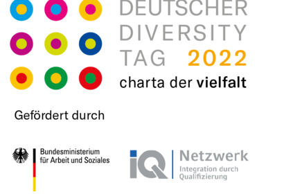 Charta der vielfalt. Deutscher Diversity Tag 2022. Gefördert durch das Bundesministerium für Arbeit und Soziales. IQ-Netzwerk Integration durch Qualifizierung.