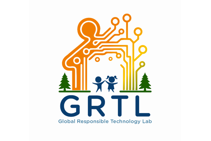 Logo of the GRTL Lab, two children in front of a background that combines a gingerbread house and a platine