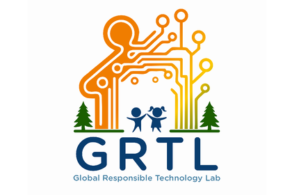 Logo of the GRTL Lab, two children in front of a background that combines a gingerbread house and a platine