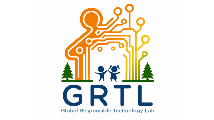 Logo of the GRTL Lab, two children in front of a background that combines a gingerbread house and a platine