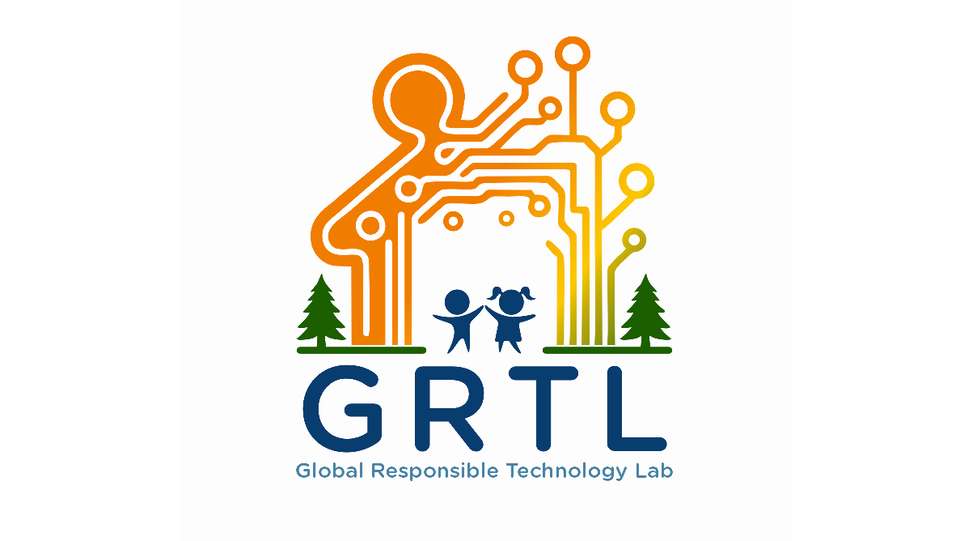 Logo of the GRTL Lab, two children in front of a background that combines a gingerbread house and a platine