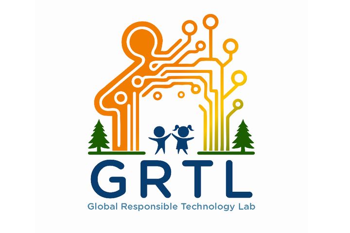 Logo of the GRTL Lab, two children in front of a background that combines a gingerbread house and a platine
