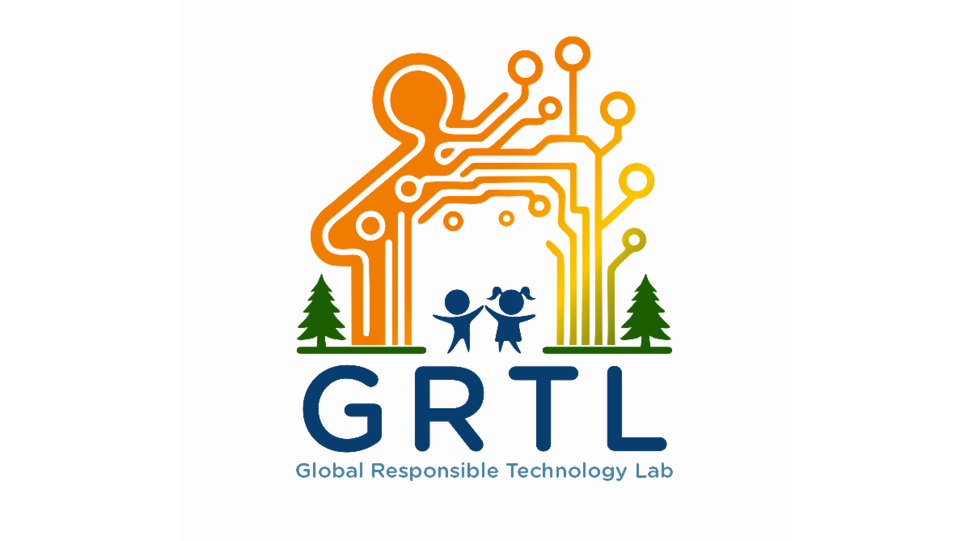 Logo of the GRTL Lab, two children in front of a background that combines a gingerbread house and a platine
