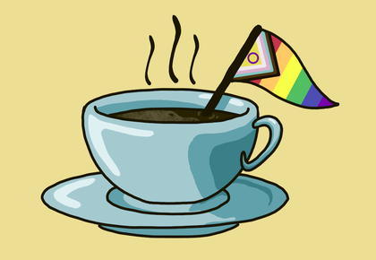 In der Mitte des Bildes steht eine hellblaue Teetasse auf einer Untertasse, gefüllt mit dampfendem Kaffee oder Tee, vor einem gelben Hintergrund. Eine kleine Fahne ist in der Tasse platziert. Es ist die Intersex Inclusive Pride Flag, die alle Aspekte unserer Gemeinschaft wiederspiegelt.