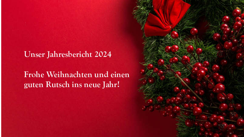 roter Hintergrund, weihnachtskranz und Text der lautet unser Jahresreport und frohe Weihnachten und einen guten Rutsch ins neue Jahr