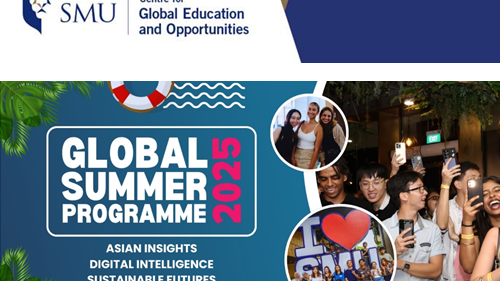 SMU Logo - Global Summer Programme 2025, viele glückliche junge Studenten mit Handys in der Hand, Gruppenfoto vor dem "I love SMU" Symbol, drei junge Frauen in die Kamera lächelnd