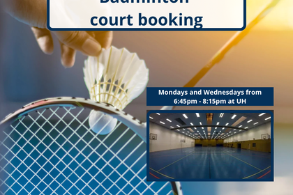 Badminton course advertisement with a picture of a badminton ball and racket and the UH