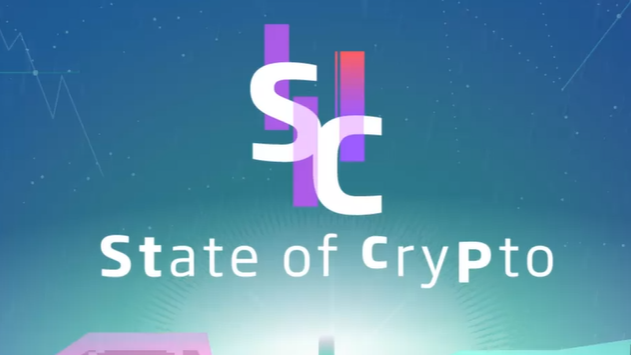 Logo „State of Crypto“ vor einer futuristischen, blau-violetten Grafik