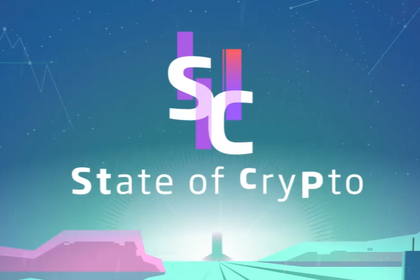 Logo „State of Crypto“ vor einer futuristischen, blau-violetten Grafik