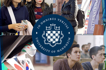 In der Mitte das Logo der Universität Mannheim, umgeben von Bildern des Universitätsgebäudes aus verschiedenen Perspektiven sowie Studierenden in unterschiedlichen Situationen.