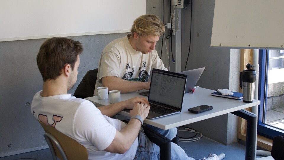 zwei Studierende bei der Arbeit an Laptops