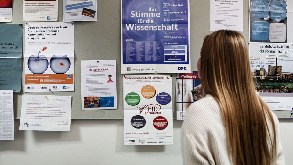 Studierende frontal zur Pinnwand am Lehrstuhl des Romanischen Seminars