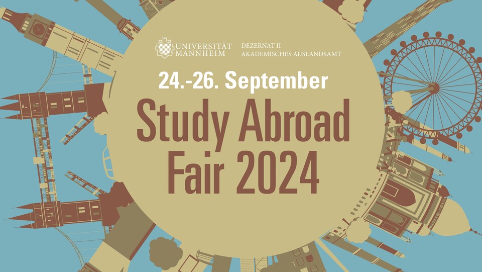 Kreisrundes Logo mit verschiedenen Sehenswürdigkeiten. In der Mitte steht "Study Abroad Fair"