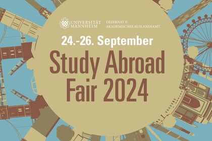 Kreisrundes Logo mit verschiedenen Sehenswürdigkeiten. In der Mitte steht "Study Abroad Fair"