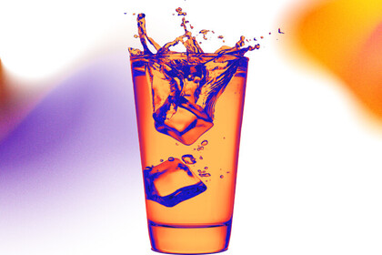 Bunte Grafiik: Ein Glas gefüllt mit Eiswürfeln, Orangenscheiben, Minzblättern und einem Strohhalm