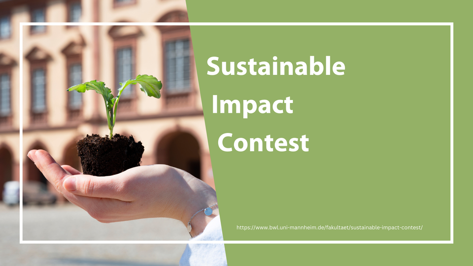 Hand mit Setzling, grüner Kasten mit Text: Sustainable Impact Contest