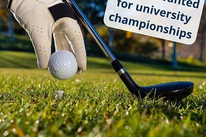 Oben rechts steht "Spieler gesucht für die Universität-Championships". Links sieht man eine Hand mit weißen Handschuhe und einen Golfball. Daneben ist ein schwarzer Golfschläger zu sehen. Unten rechts ist das Logo des IFS- Institut für Sport der Universität Mannheim.
