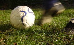 Ein weißer Fußball mit blauen Verzierungen liegt auf einem grünen Rasen und ist kurz davor, vor einem schwarzen Fußballschuh mit hoher Geschwindigkeit in die Ferne geschossen zu werden.