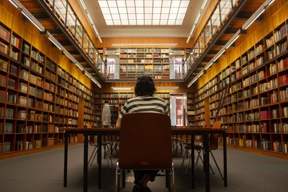 Eine studierende Person sitzt mit dem Rücken zur Kamera an einem Schreibtisch in einer Bibliothek.
