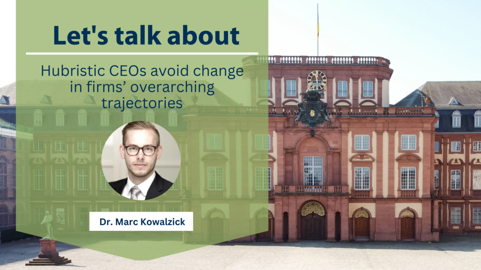 Schloss und Ehrenhof, grüner Kasten mit Foto von Dr. Marc Kowalzick und Text "Let's talk about Hubristic CEOs avoid change in firms overarching trajectories"