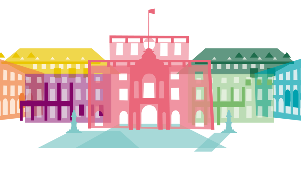 eine ausgestellte Grafik des Barrockschlosses der Universität Mannheim, mit eingefärbten Gebäuden in Regenbogenfarben