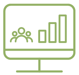 grüner Icon von Bildschirm mit Figuren und Balkendiagramm