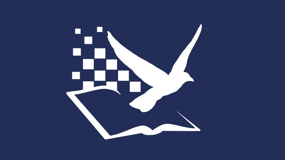 Logo des Open Science Office der Universität Mannheim zeigt ein Buch aus dem ein Vogel fliegt und im Hintergrund einige Quadrate.