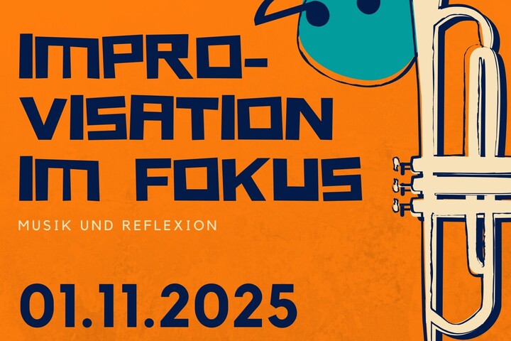 Orangenes Plakat mit blauer Schrift. Darauf zu sehen sind eine Trompete, ein paar Noten und Logos der Universität Mannheim, Alte Feuerwache, ZLBI, TransforMA, Wissen bewegen. Text: "Eine Veranstaltung der Universität Mannheim in Kooperation mit der Alten Feuerwache - Improvisation im Fokus, Musik und Reflexion. 01.11.2025. Symposium 12:30-17 Uhr, Konzert 20 Uhr"