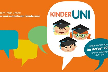 Grafik zur Kinder-Uni mit bunten Sprechblasen.