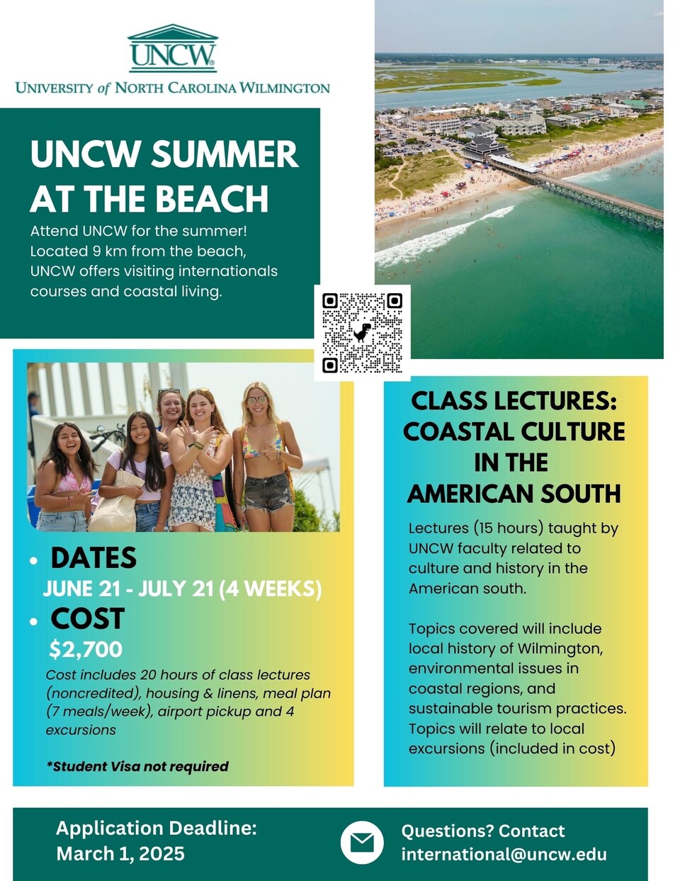 Informationsflyer der University of North Carolina in Wilmington zum Auslandsaufenthalt im Sommer 2025.