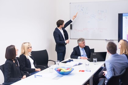 Personengruppe sitzt um Tisch, jemand erklärt Darstellungen an Whiteboard