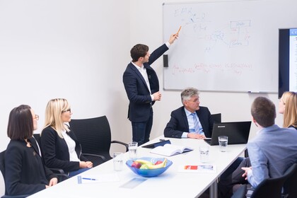 Personengruppe sitzt um Tisch, jemand erklärt Darstellungen an Whiteboard