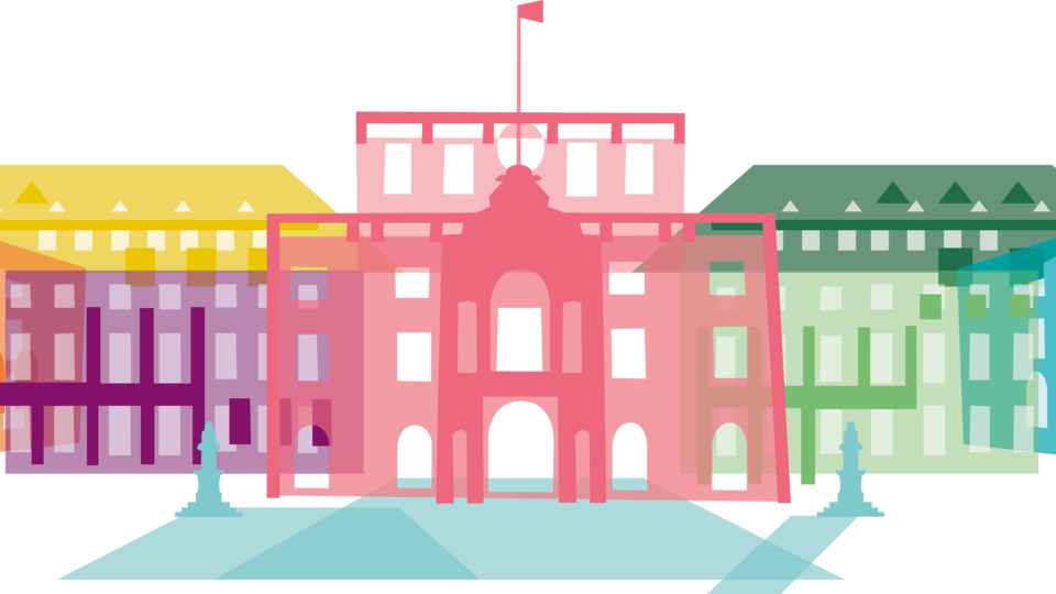Schloss Mannheim ist als Zeichnung in Regenbogenfarben abgebildet.