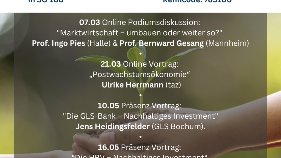 Infografik zu universitären Gastvorträgen in der "Wirtschaftsethik" Vorlesung Dienstags 10:15 - 11:45h in SO 108. Marktwirtschaft Quo Vadis?